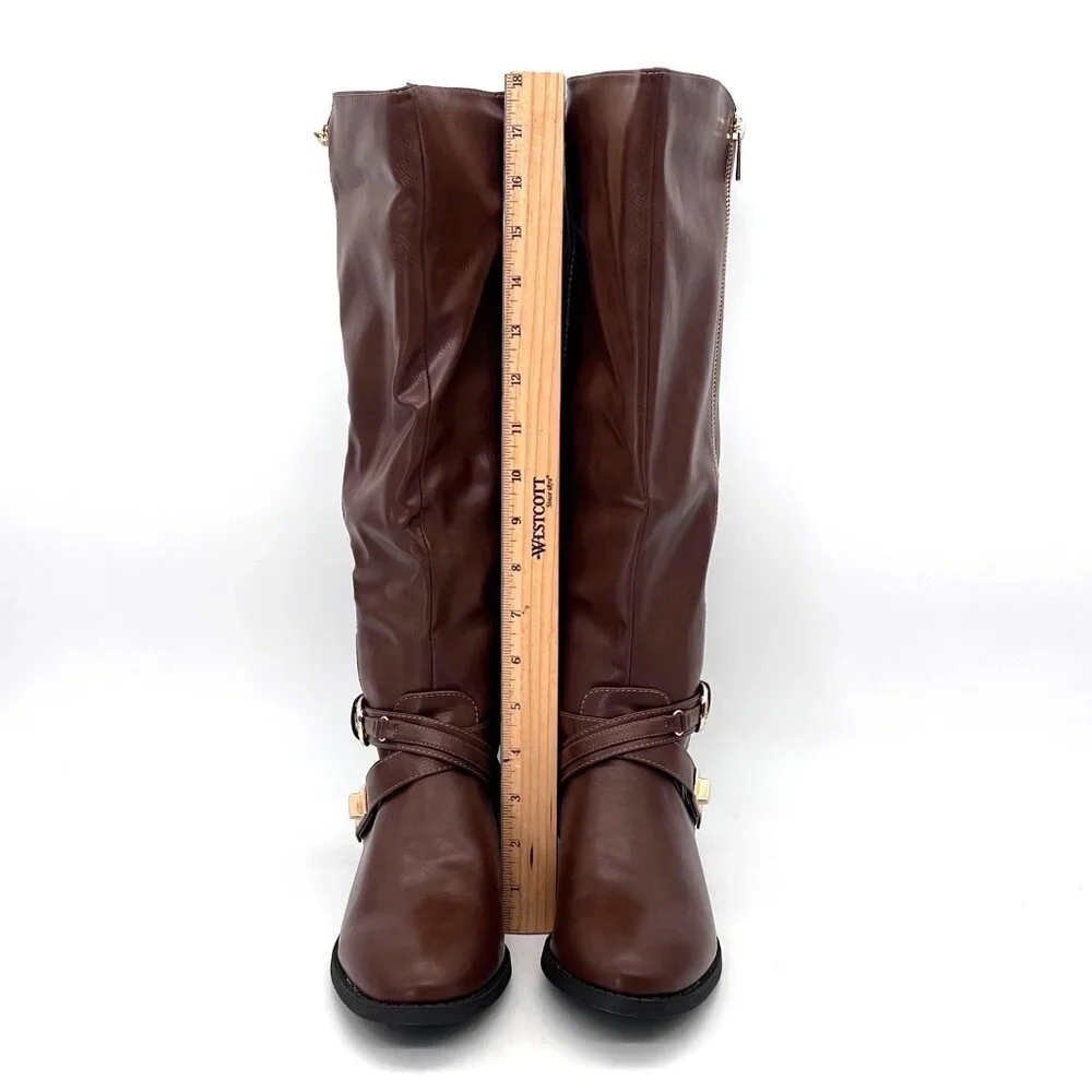 Justfab Leyla WC Tall Moto Boots Womens Size 8.5 Brown Faux Leather New With Box - Picture 4 of 14